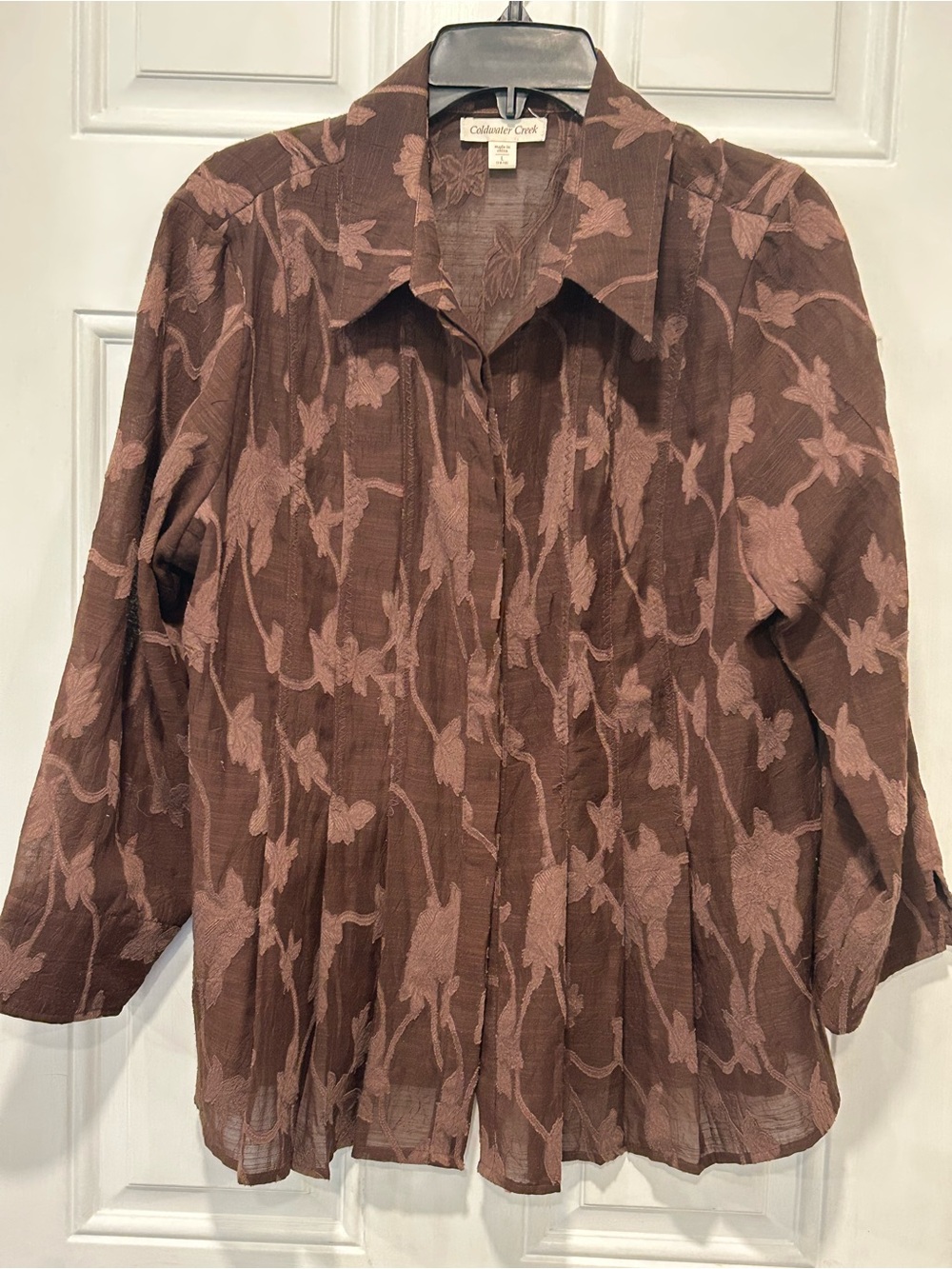 Coldwater Creek Sheer Burnout Floral Blouse Brown Pintuck Autumn Vintage Large